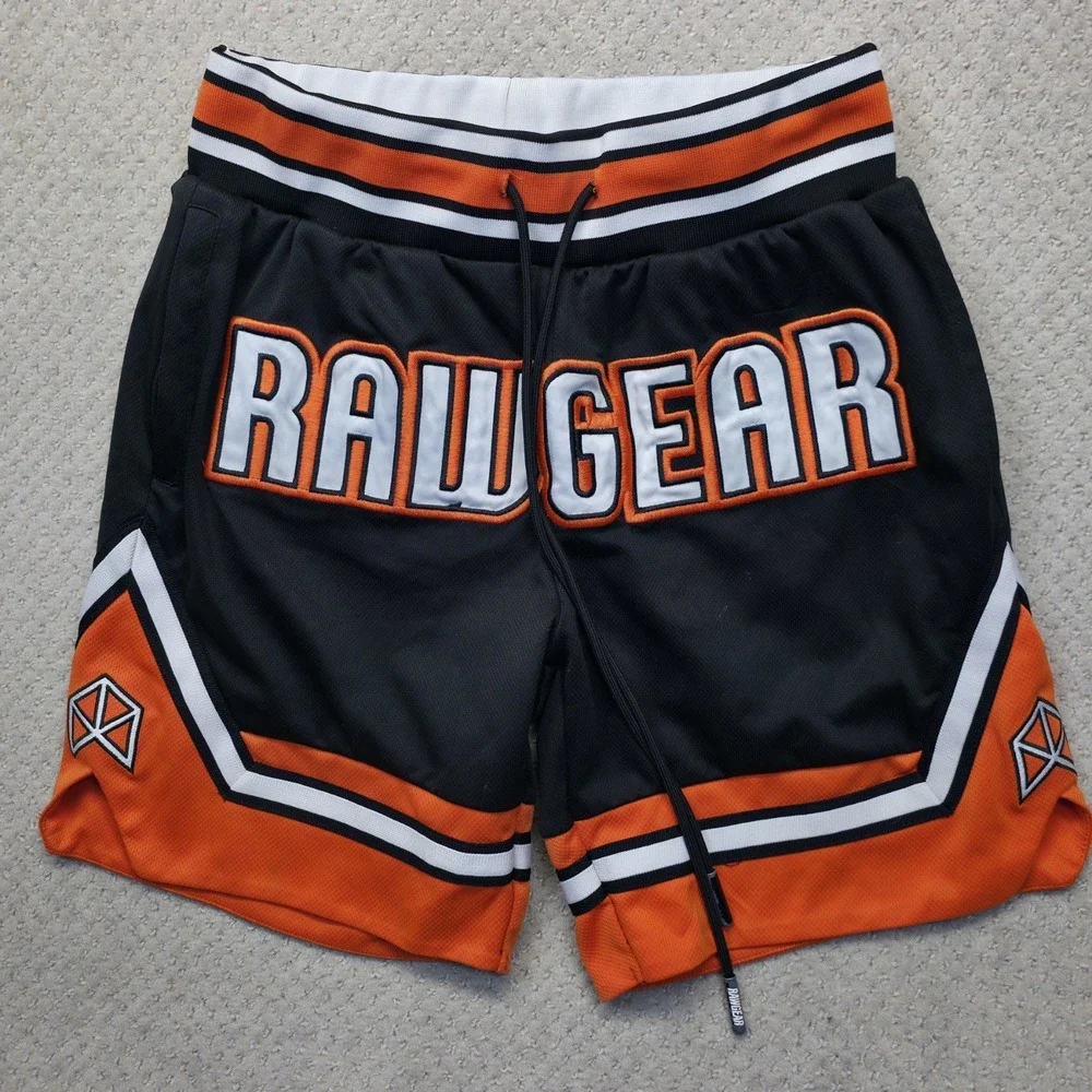 Rawgear‎ Athletic Basketball Shorts Mens Medium Black Orange Stitched Logo Gym